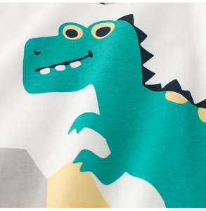Close-up of cute green dinosaur print on white cotton T-shirt for boys and kids