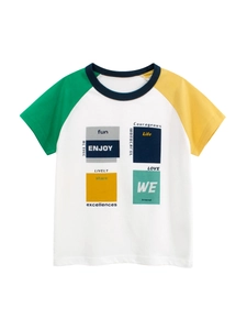 Boys Cotton T-Shirt Raglan Short Sleeve Color Block Crew Neck Letter Print Casual Summer Top For Toddler Kids
