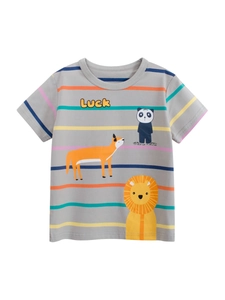 T-Shirt À Manches Courtes Pour Garçons Mélange De Coton Rayé Dessin Animé Animal Luck Imprimé Col Rond Haut D'Été Décontracté