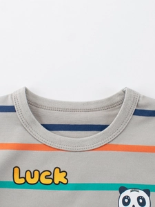 T-shirt enfant à manches courtes rayé avec motif panda et texte Luck sur coton gris doux