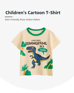 Detailed view of kids' cotton T-shirt featuring a blue dinosaur print and green neckline