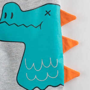 Grey cotton kids shorts with green dinosaur print and 3D orange spikes for boys
