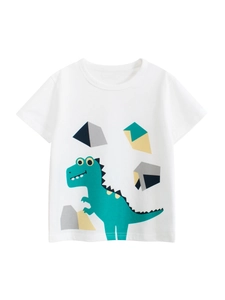 Boys Short Sleeve T-Shirt 100% Cotton Cartoon Dinosaur Print Round Neck Casual Summer Top For Toddlers Kids White