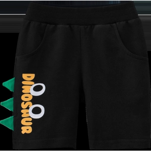 Kids black dinosaur themed cotton shorts with elastic waist and 3D green fin detail
