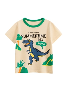Boys Summer Cotton Short Sleeve T-Shirt Cartoon Dinosaur Print Casual Breathable Round Neck Top For Kids Children Clothing