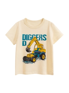 Jungen Baumwolle T-Shirt Kurzarm Bagger Druck Casual Rundhals Sommer Oberteil Für Kleinkinder Kinder