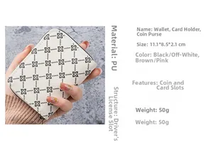 Close-up of cream PU card holder with floral pattern showing dimensions and hand holding