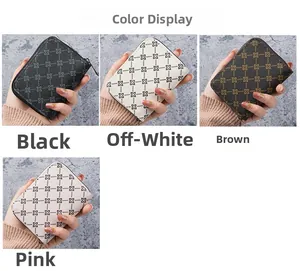Multi-color zipper card holders with geometric patterns in black, off-white, brown and pink