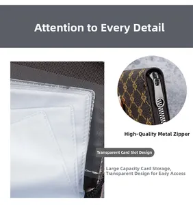 Close-up of a large capacity card holder with multiple PVC slots and a metal zipper