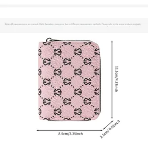 Size guide for pink faux leather zip card wallet with monogram patterns and dimensions