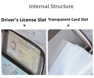 Internal view of pink zip wallet with transparent ID window and accordion card slots