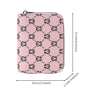 Pink zip-around card holder wallet with diamond letter pattern and product dimensions