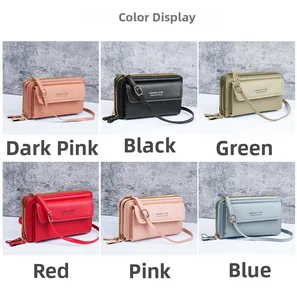 Crossbody phone bag showing multiple zipper compartments in six different colors
