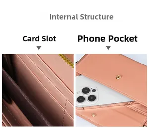 Detail view of pink crossbody phone bag with multiple card slots and secure phone pocket