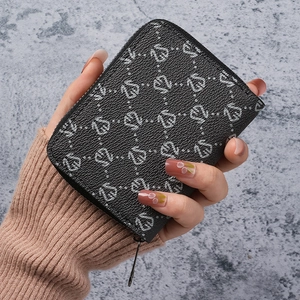 Women black leather wallet with swan pattern and zipper closure for cards and coins