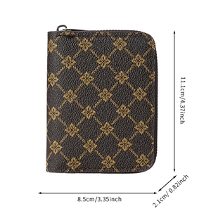 Brown floral compact card holder wallet with zipper closure and 11.1cm x 8.5cm dimensions