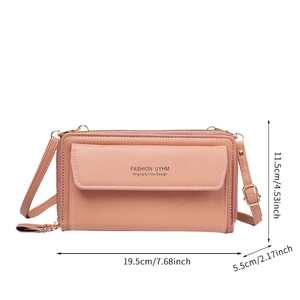 Peach pink fashion crossbody phone bag with dual zippers and dimensions 19.5 x 11.5 x 5.5 cm