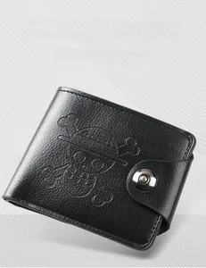Detailed close-up of a black bifold men's wallet featuring an embossed anime pirate logo
