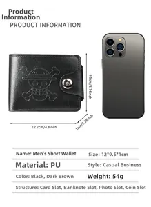 Men's bifold PU leather wallet featuring a skull logo with size and phone comparison
