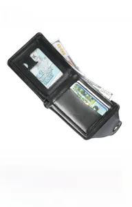 Detail view of men's leather wallet interior showing card slots and currency compartments