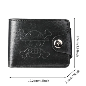 Men's bifold black PU leather wallet with embossed skull logo and metal snap closure