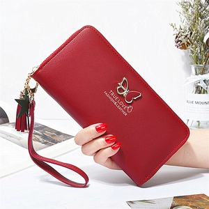 Women Long Wallet Large Capacity PU Leather Butterfly Hollow Hardware Zipper Clutch Bag With Tassel Star Charm Daily Purse