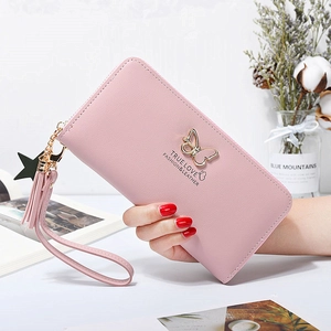 Pink faux leather women's long wallet with golden butterfly and tassel wristlet