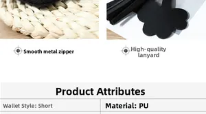 Gros plan du portefeuille en cuir PU noir avec fermeture éclair dorée et pompon chic