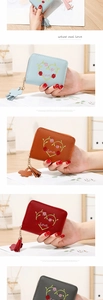 Détails de mini portefeuilles brodés cœur avec pompons en cuir en quatre coloris doux