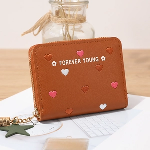 Brown long wallet for women with embroidered hearts and a gold zipper closure