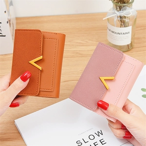 Women's vintage frosted short wallet with metal V-decoration in brown and pink colors
