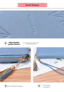 Detail of light blue long wallet with lychee pattern texture, golden zipper and tassel