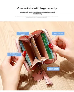 Détail du portefeuille rose en cuir PU montrant le zip à monnaie et les fentes