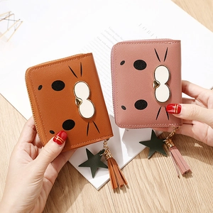 Cute cartoon cat print leather wallets with star charms and tassels for women