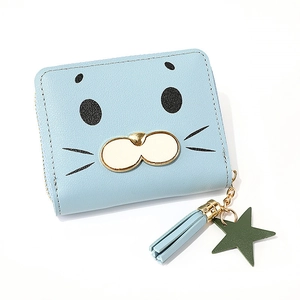 Cute light blue short wallet with cartoon seal face print and star tassel keychain