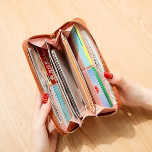 Orange lychee pattern leather long wallet with zipper and large storage capacity