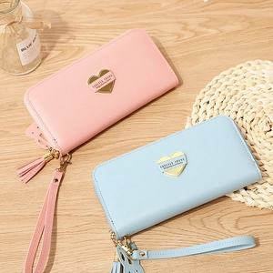 Women's long PU leather wallet with golden heart metal plate and wrist strap in pink and blue