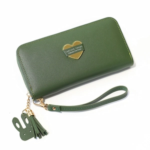 Long dark green zip wallet with heart metal ornament and rabbit tassel pendant strap