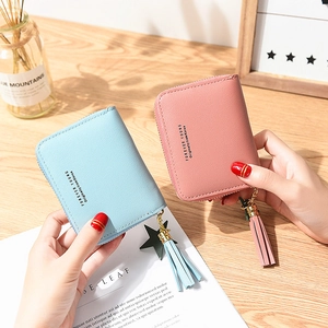 Minimalist square zip leather wallet for women with tassel charm in blue and pink