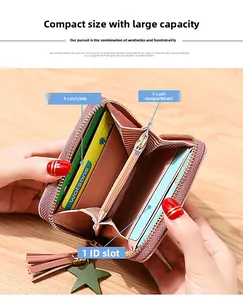 Detail view of pink PU wallet interior with card slots and star tassel zipper