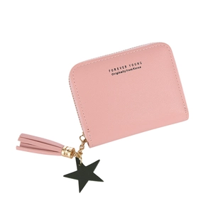 Pink faux leather mini square wallet with zipper, tassel and star pendant for women