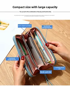 Internal view of blue long wallet with multiple card slots and smartphone pocket