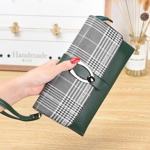 Cartera Larga de Moda para Mujer Patchwork Pata de Gallo Bolso de Mano de Cuero PU Con Hebilla de Metal en U y Correa de Muñeca