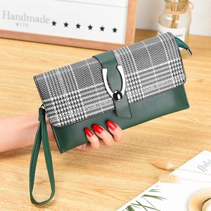 Cartera larga de mujer con estampado de pata de gallo, hebilla y asa de mano