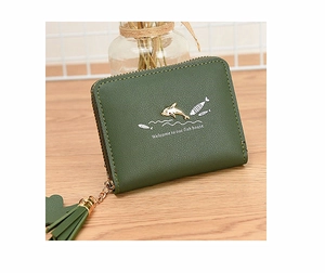 Detail of forest green dolphin print wallet with gold zipper and leather tassel