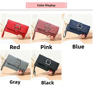 Detailed display of litchi pattern long wallets in five colors with metal buckle decoration