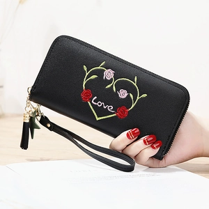 Fashion Women Long Wallet PU Leather Heart Flower Embroidery Love Zipper Purse With Wrist Strap Tassel Star Charm