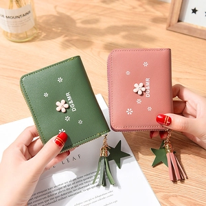 Floral print compact zip wallets in green and pink PU leather with tassel charm