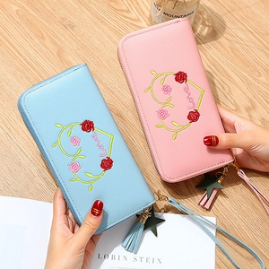 Long zip-around wallet for women with heart rose embroidery and star tassel charm
