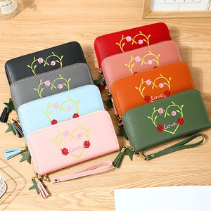 Women long zipper wallets with heart embroidery and tassel straps in various colors
